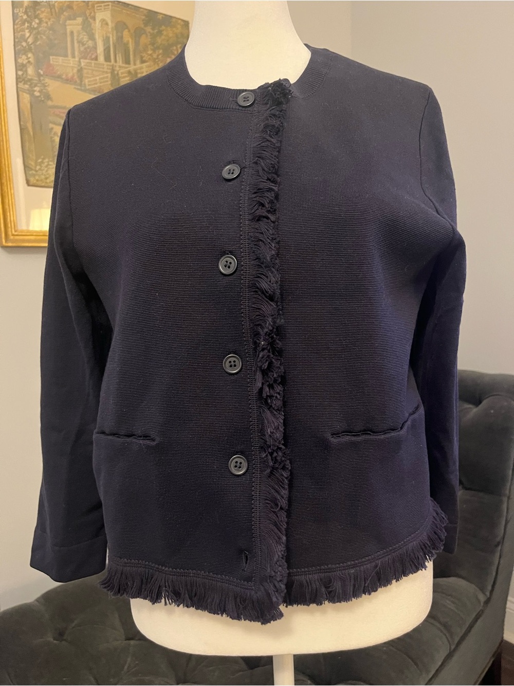 Ann Taylor Navy Fringe Trim Button Cardigan